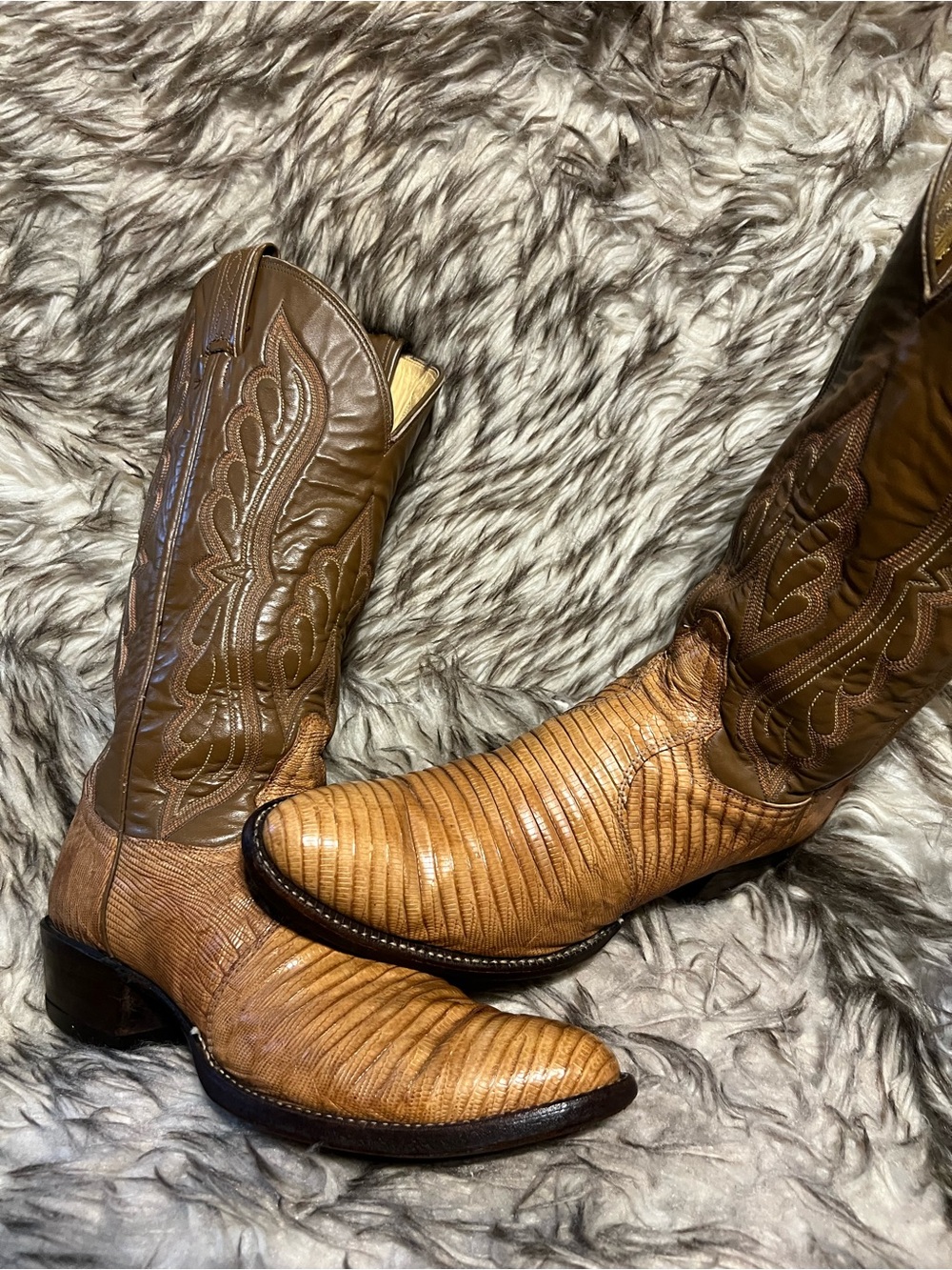 TONY LAMA BLK LABEL Men's LIZARD & LEATHER Western Boots-tan-Sz 9.5 B